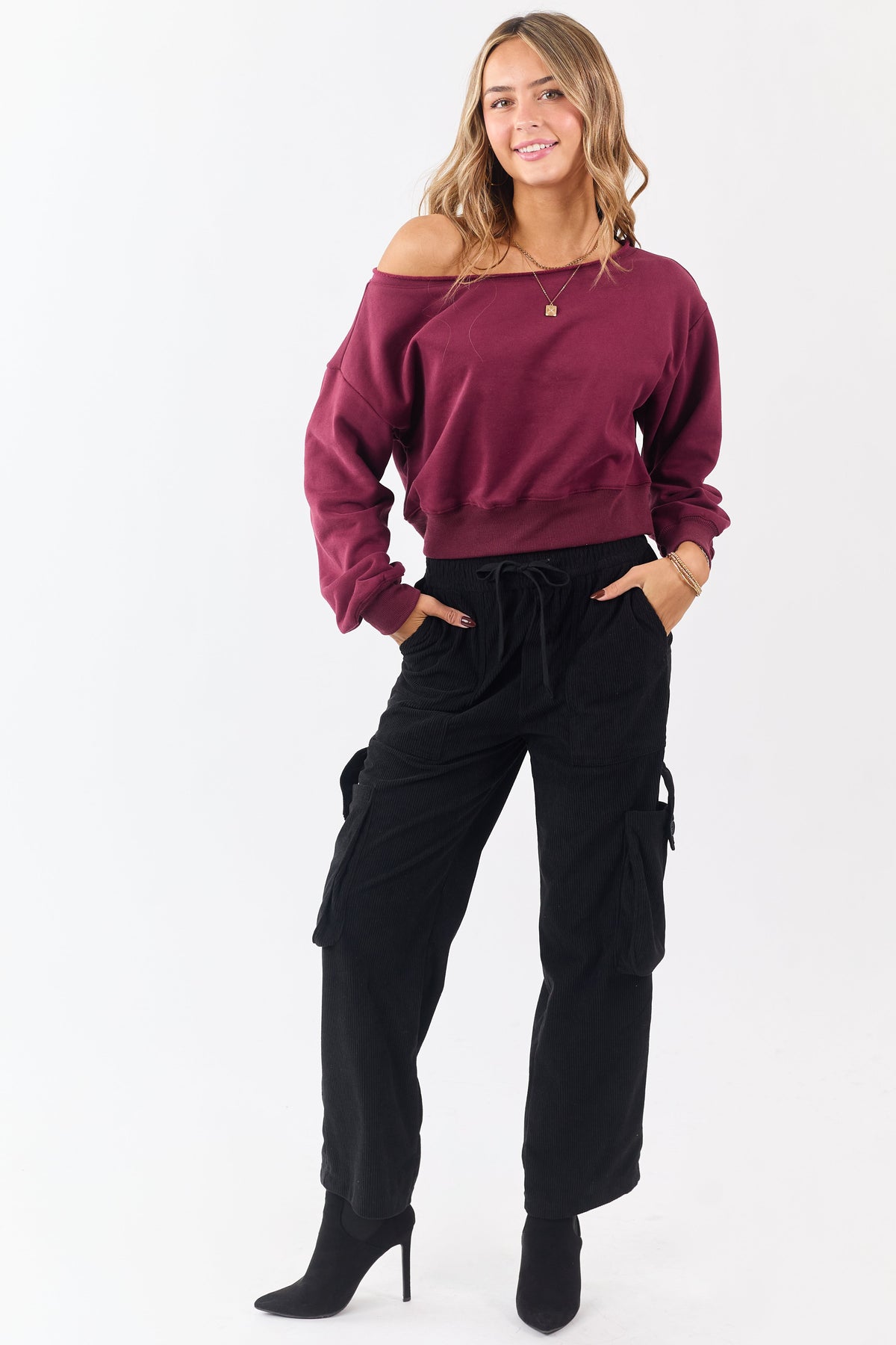 Black Corduroy Drawstring Waist Cargo Pants