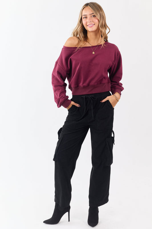 Black Corduroy Drawstring Waist Cargo Pants