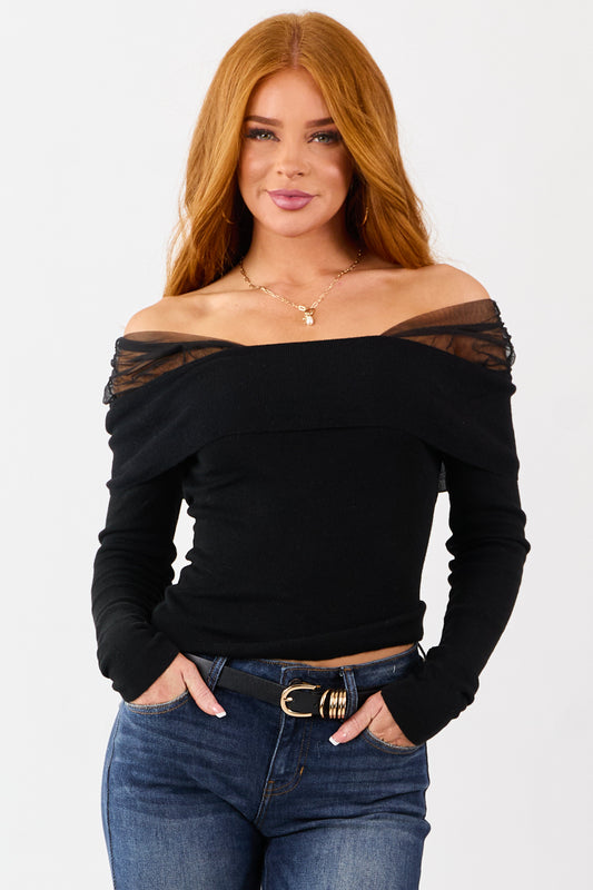 Black Cropped Off Shoulder Long Sleeve Knit Top
