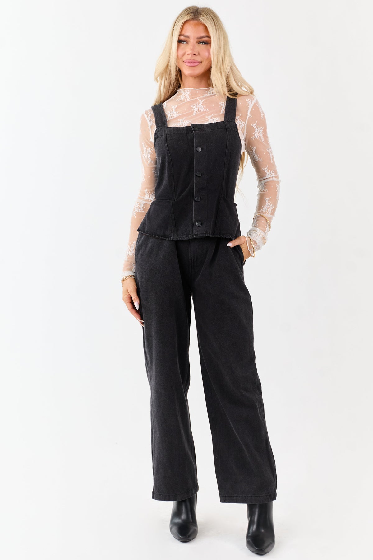 Black Denim Buttoned Vest Style Open Back Jumpsuit