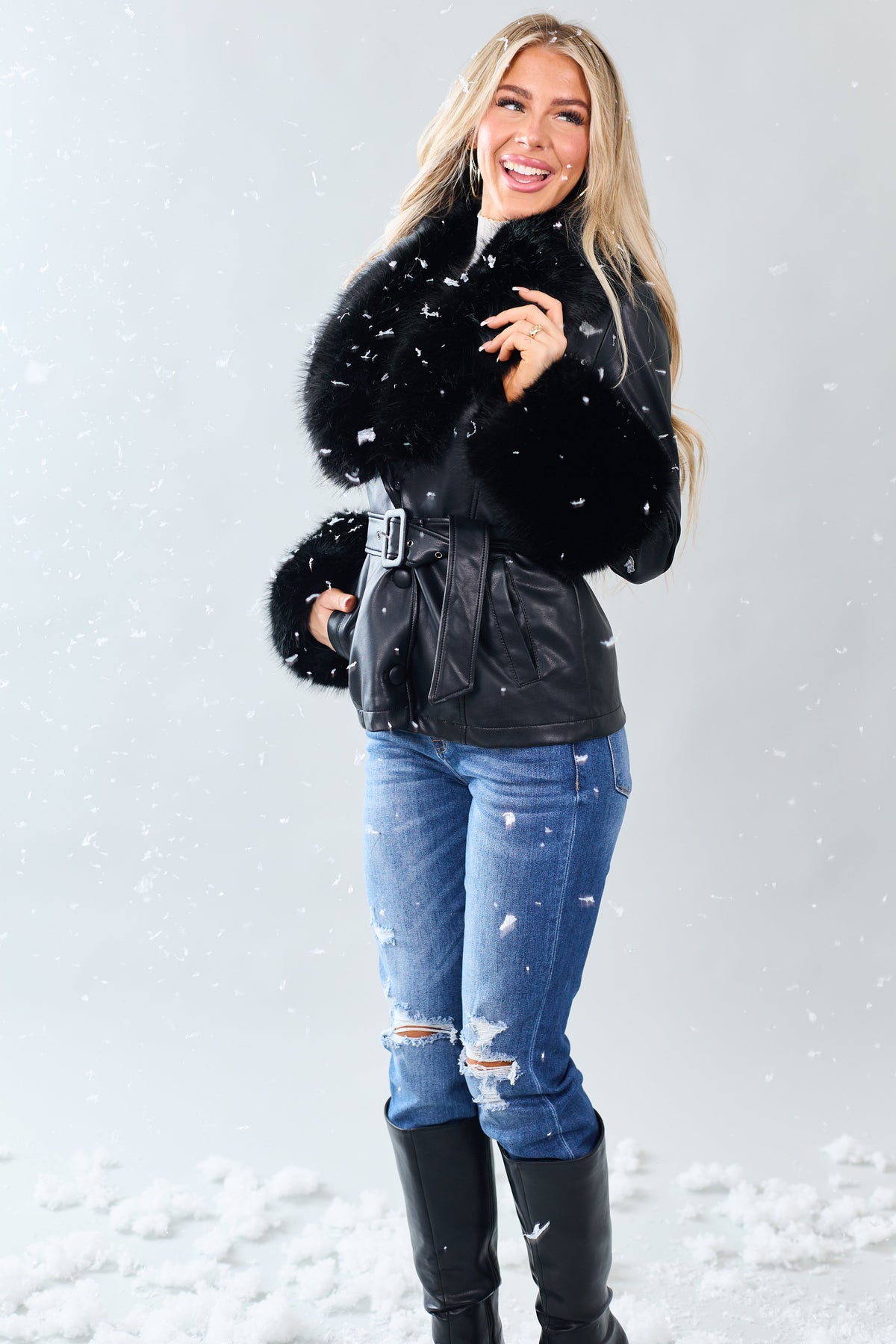 Black Faux Leather Belted Faux Fur Trim Coat