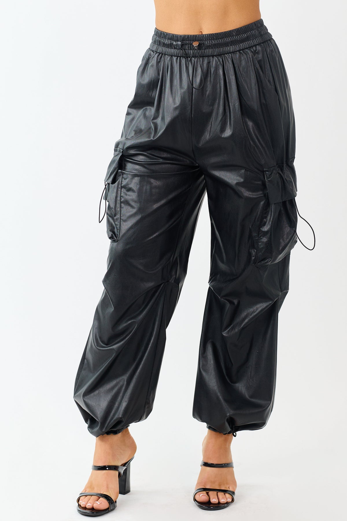 Black Faux Leather Elastic Waist Cargo Pants