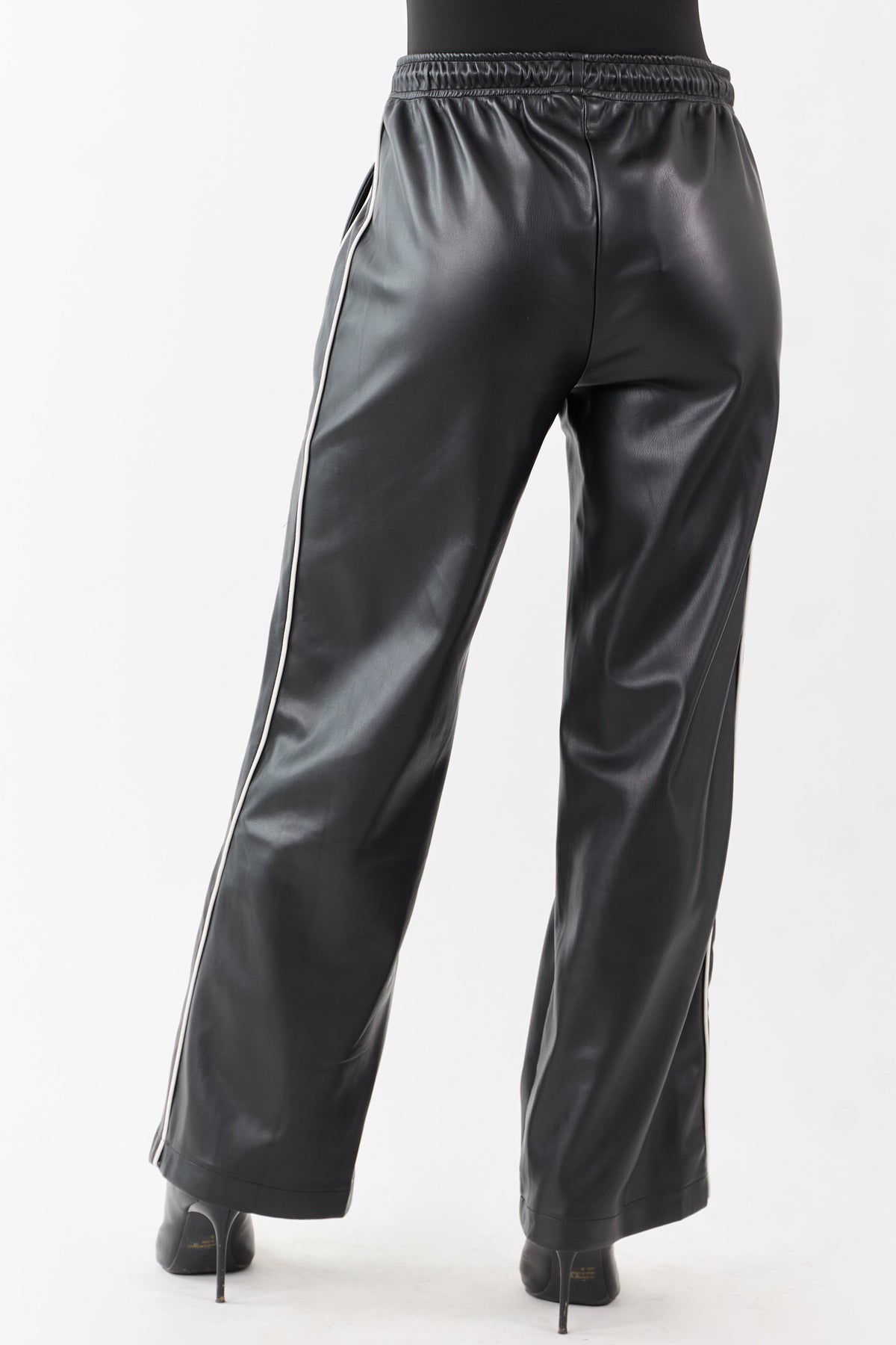 Black Faux Leather Side Line Drawstring Pants