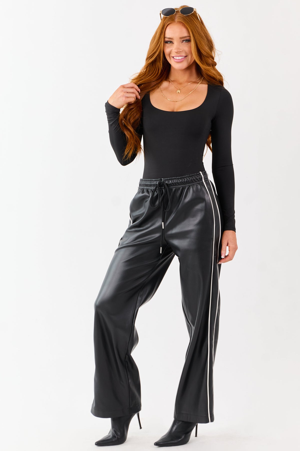 Black Faux Leather Side Line Drawstring Pants