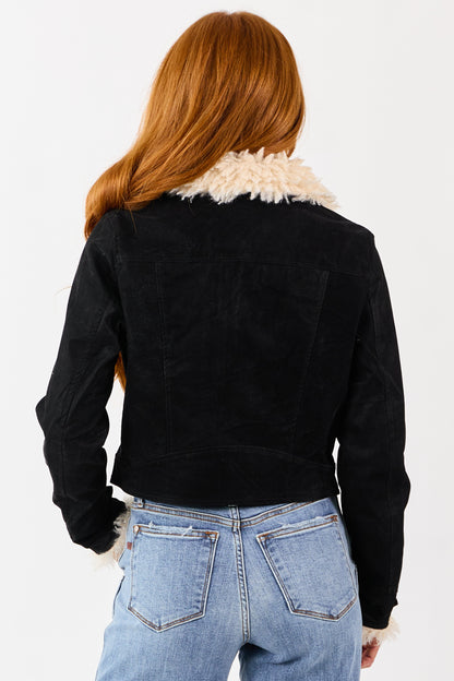 Black Faux Leather Zip Up Sherpa Aviator Jacket
