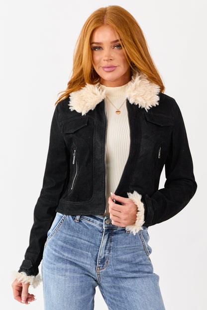 Black Faux Leather Zip Up Sherpa Aviator Jacket