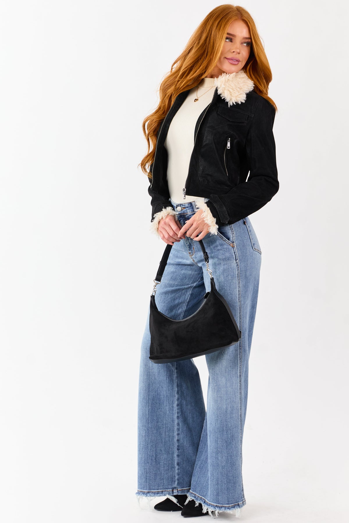 Black Faux Leather Zip Up Sherpa Aviator Jacket