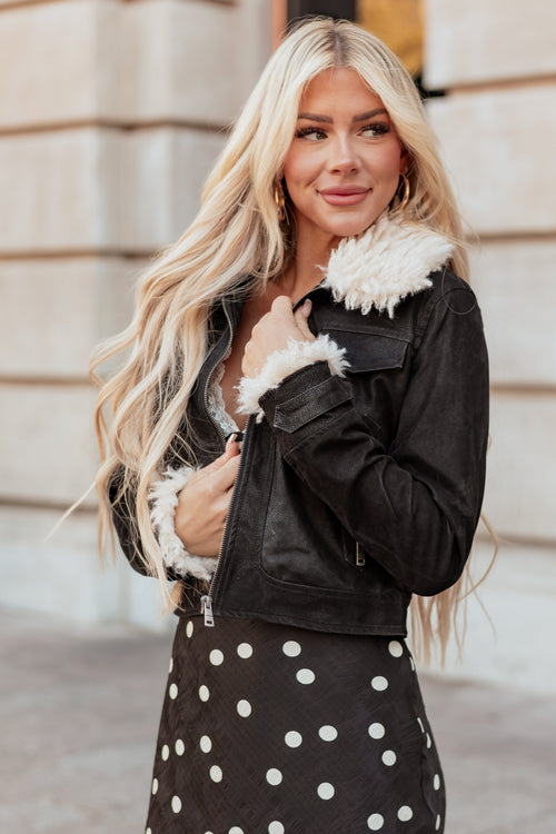 Black Faux Leather Zip Up Sherpa Aviator Jacket