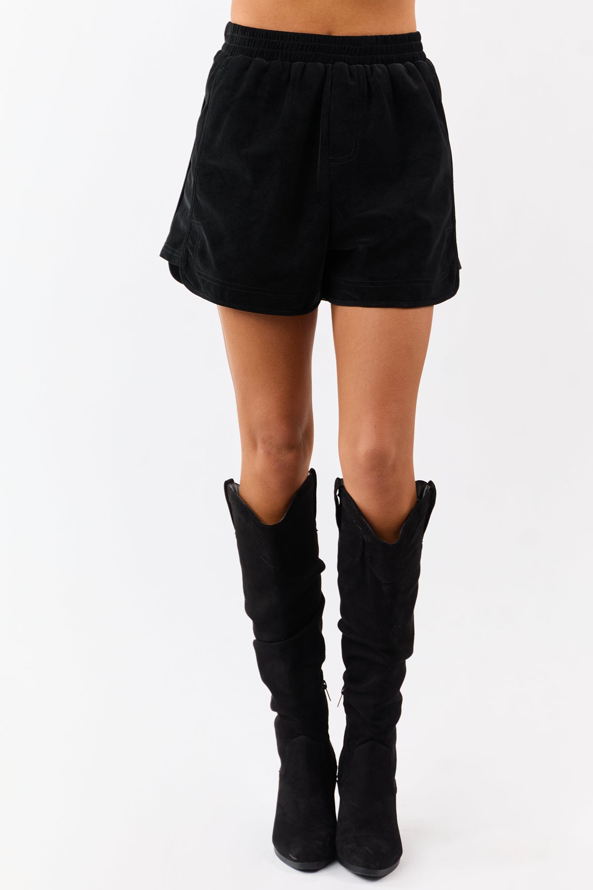 Black Faux Suede Elastic Waist Lined Shorts