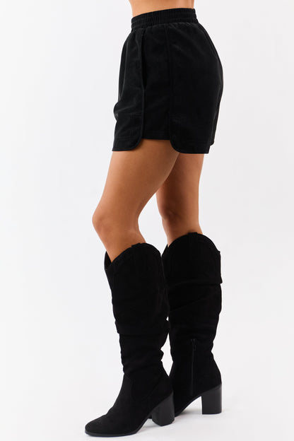 Black Faux Suede Elastic Waist Lined Shorts