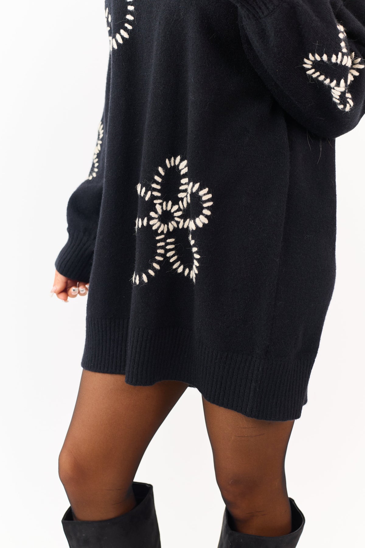 Black Floral Yarn Embroidered Mini Sweater Dress