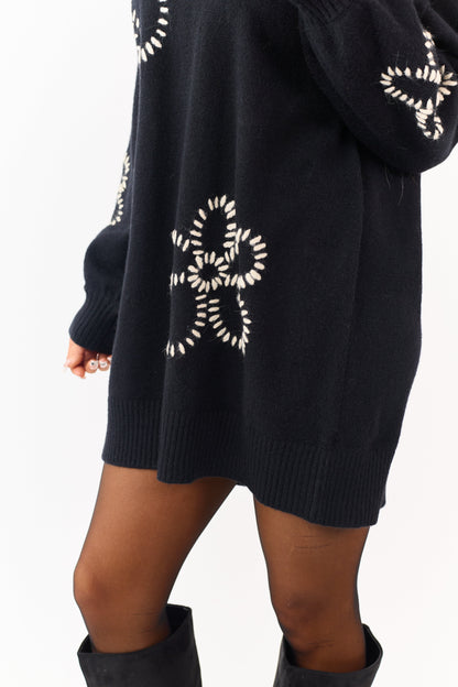 Black Floral Yarn Embroidered Mini Sweater Dress