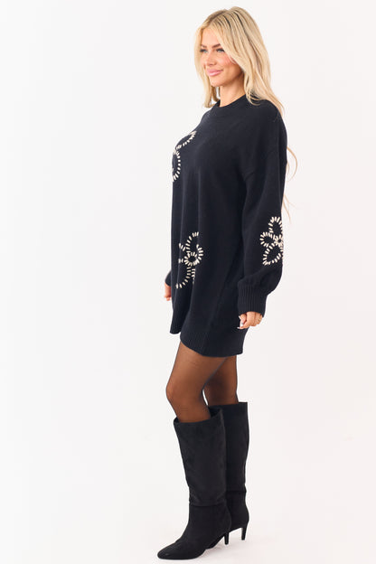 Black Floral Yarn Embroidered Mini Sweater Dress