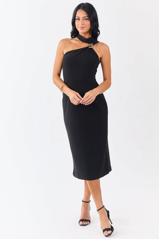 Black Gold Hardware Halter Neck Midi Dress