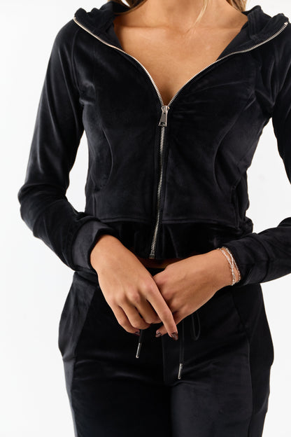 Black Hooded Cropped Soft Plush Zip Up Jacket
