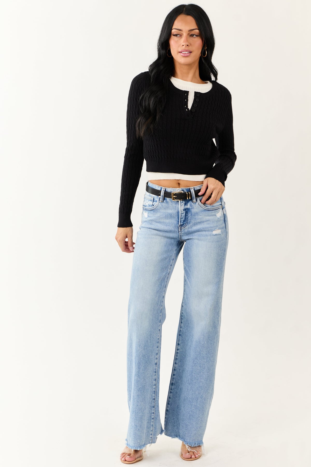 Black Long Sleeve Layered Cable Knit Sweater Top