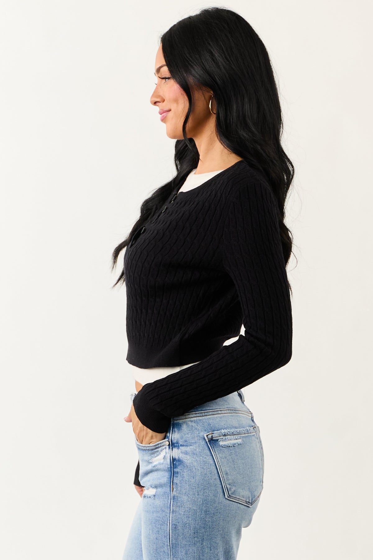 Black Long Sleeve Layered Cable Knit Sweater Top