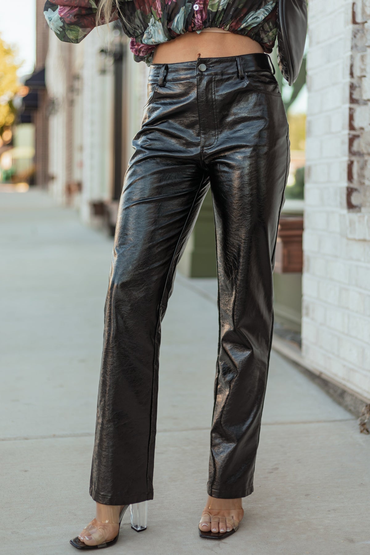Black Metallic Faux Leather Straight Leg Pants