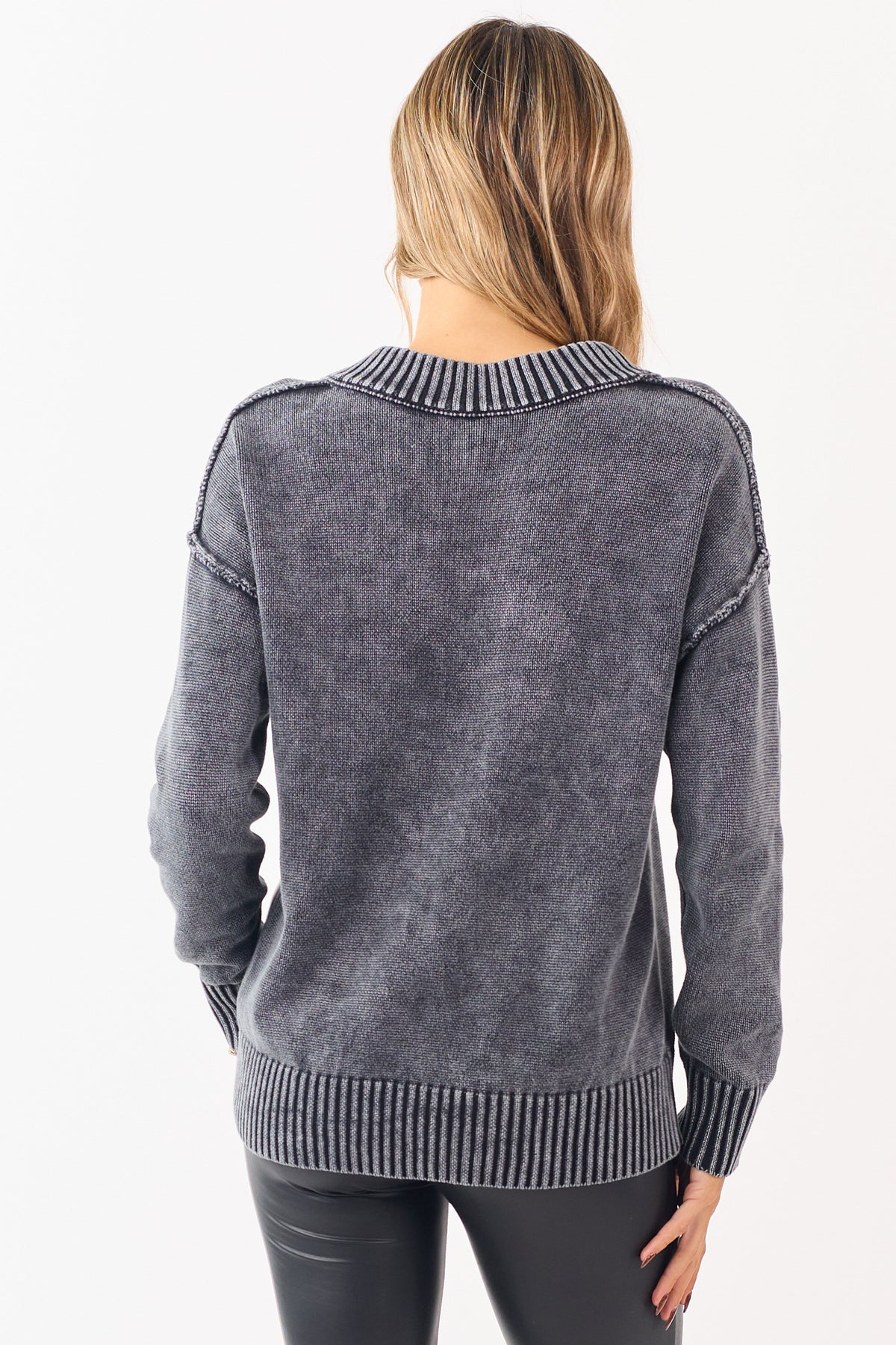 Black Mineral Washed Cotton Knit V-Neck Sweater