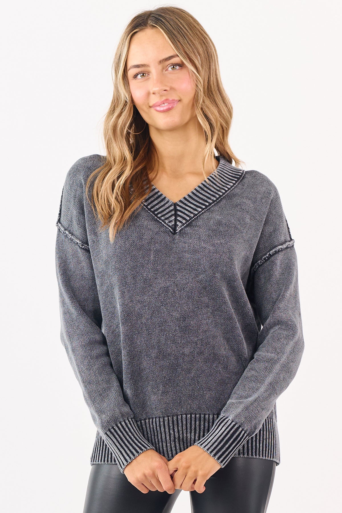 Black Mineral Washed Cotton Knit V-Neck Sweater