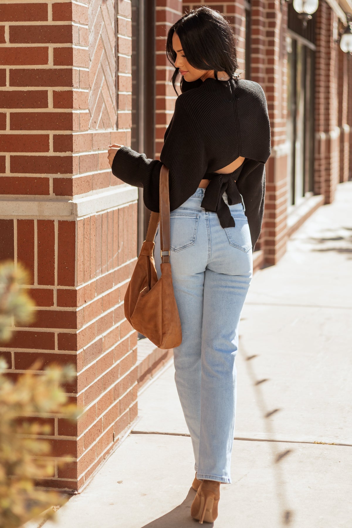 Black Mock Neck Back Cut Out Ribbed Sweater