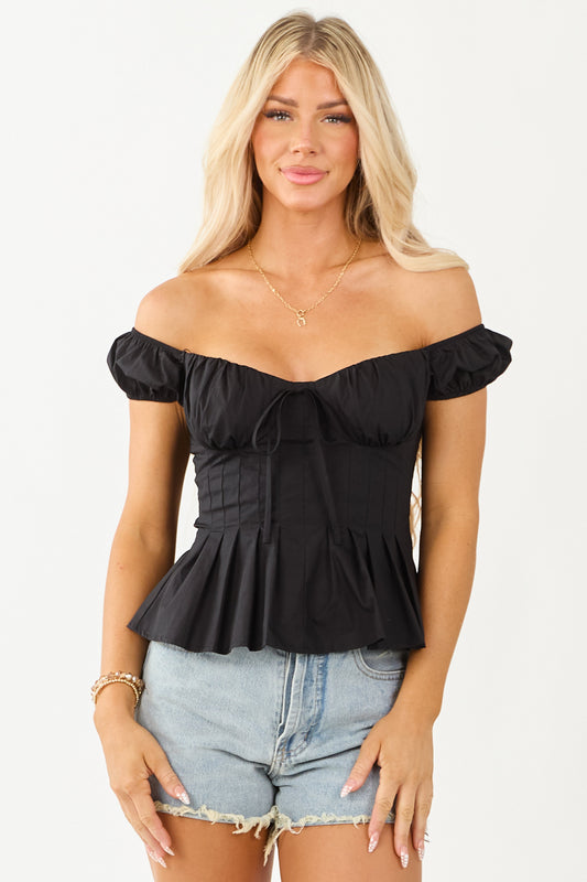 Black Off Shoulder Pleated Cotton Peplum Top