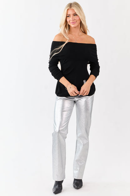 Black Off Shoulder Wool Blend Side Slit Knit Top