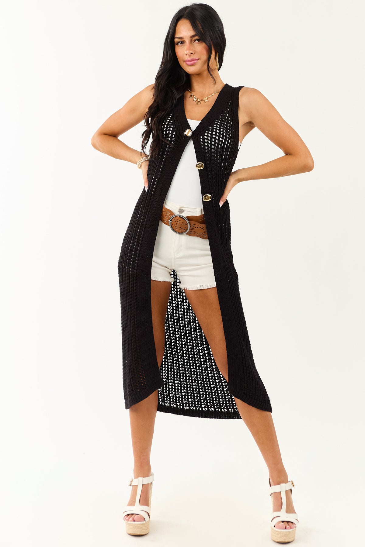 Black Open Knit Gold Buttoned Cotton Duster Vest