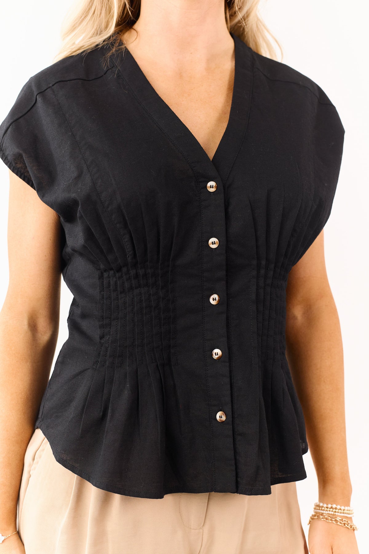Black Pleated Linen Blend Button Down Top