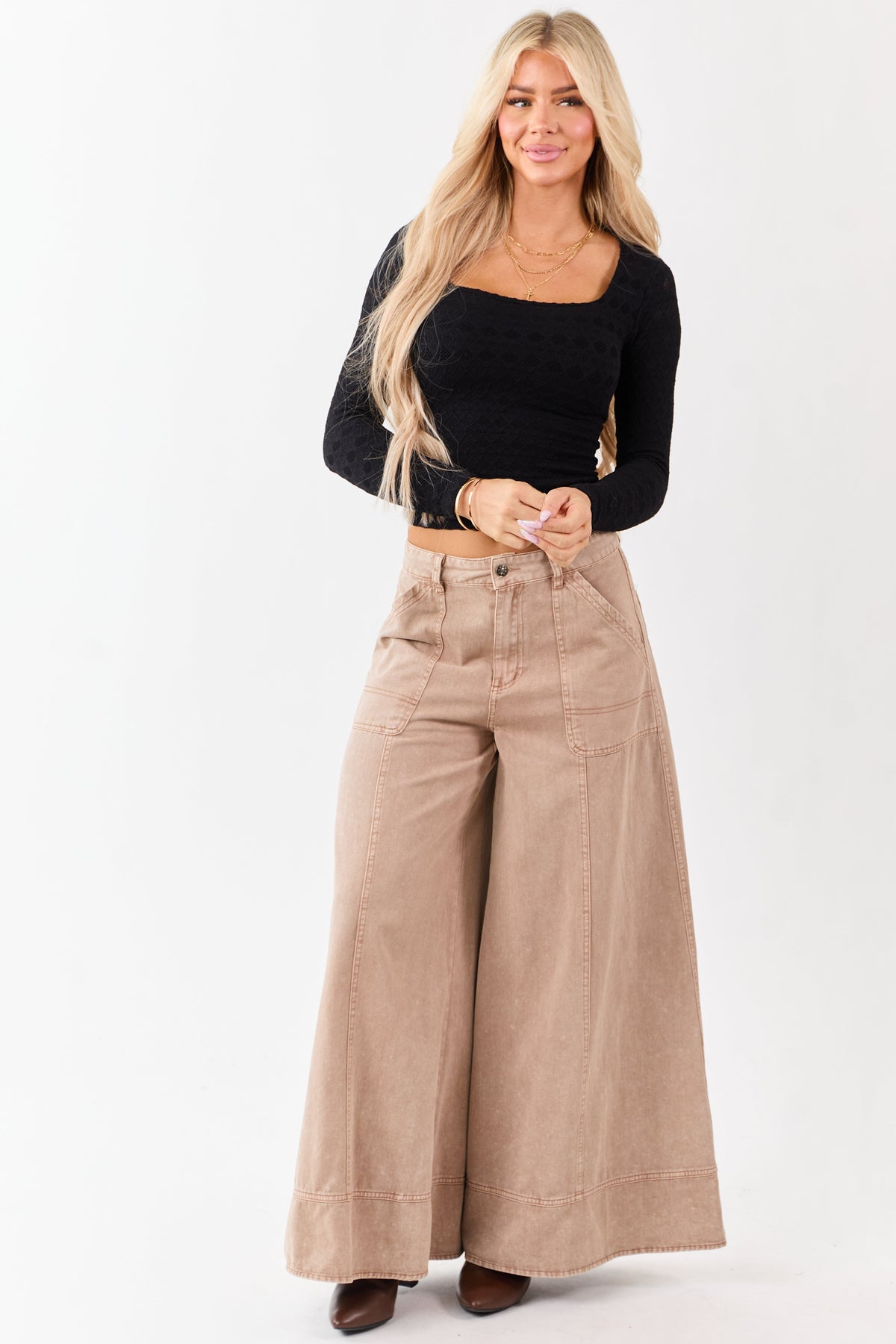 Black Pointelle Knit Cropped Long Sleeve Top