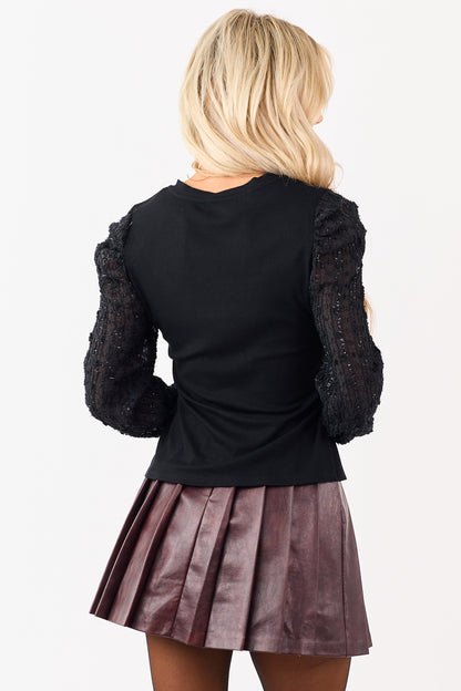 Black Rib Knit Contrast Textured Sheer Sleeve Top