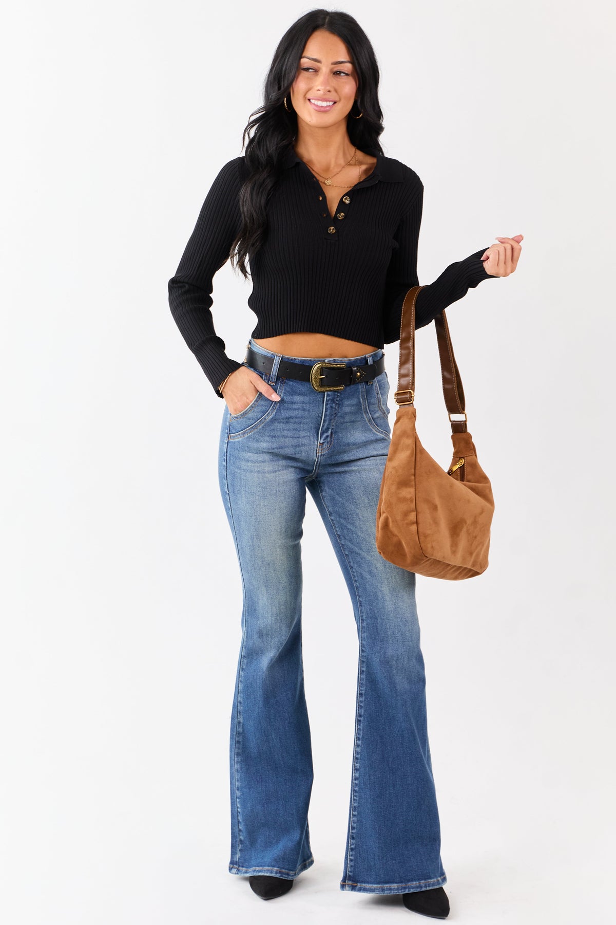 Black Rib Knit Polo Style Cropped Sweater