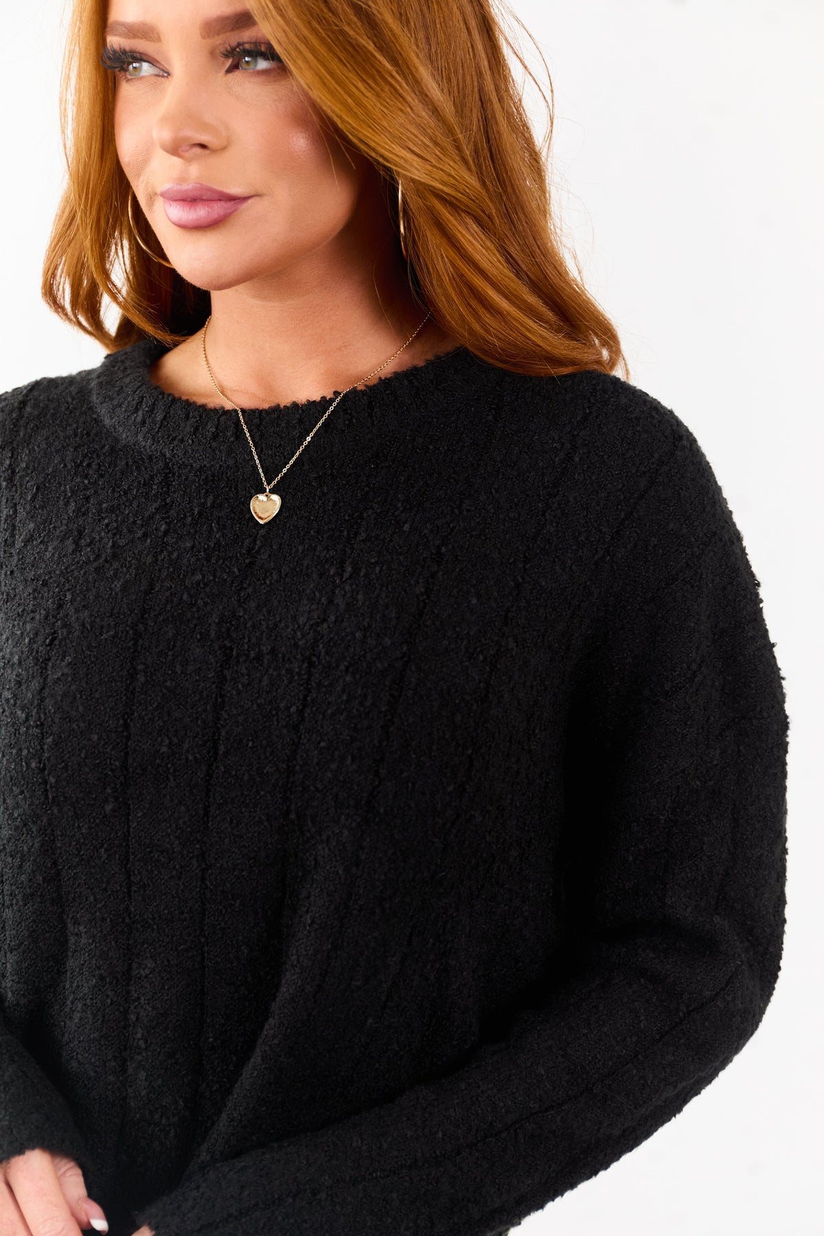 Black Rib Texture Crew Neck Pullover Sweater