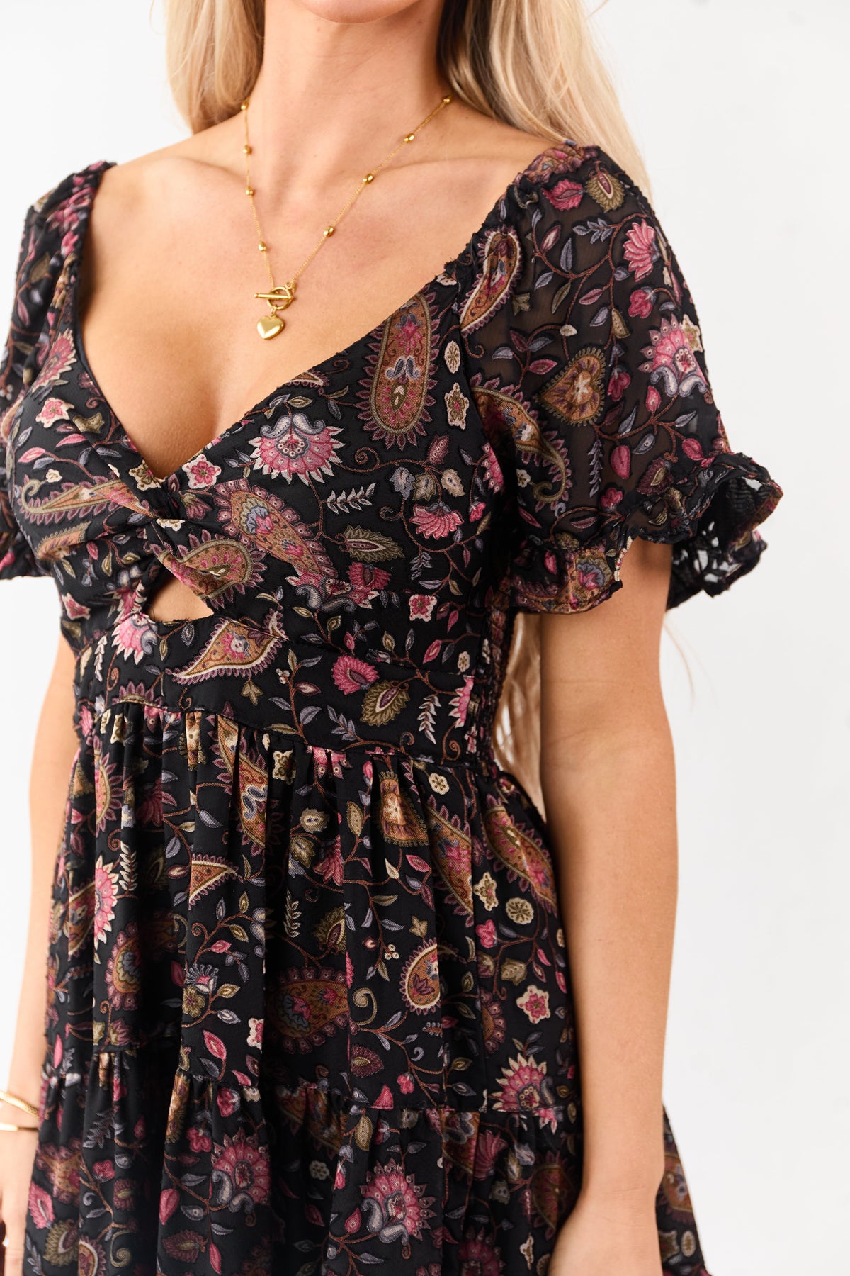 Black Satin Floral Paisley Pattern Tiered Mini Dress