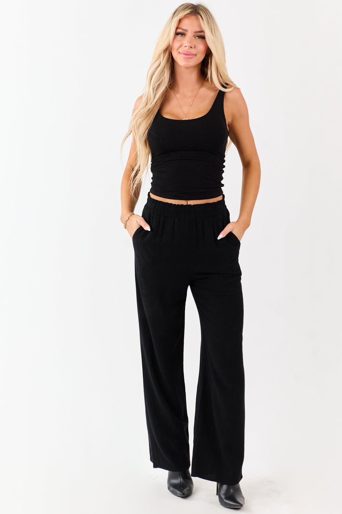 Black Smocked Waistband Wide Leg Linen Blend Pants