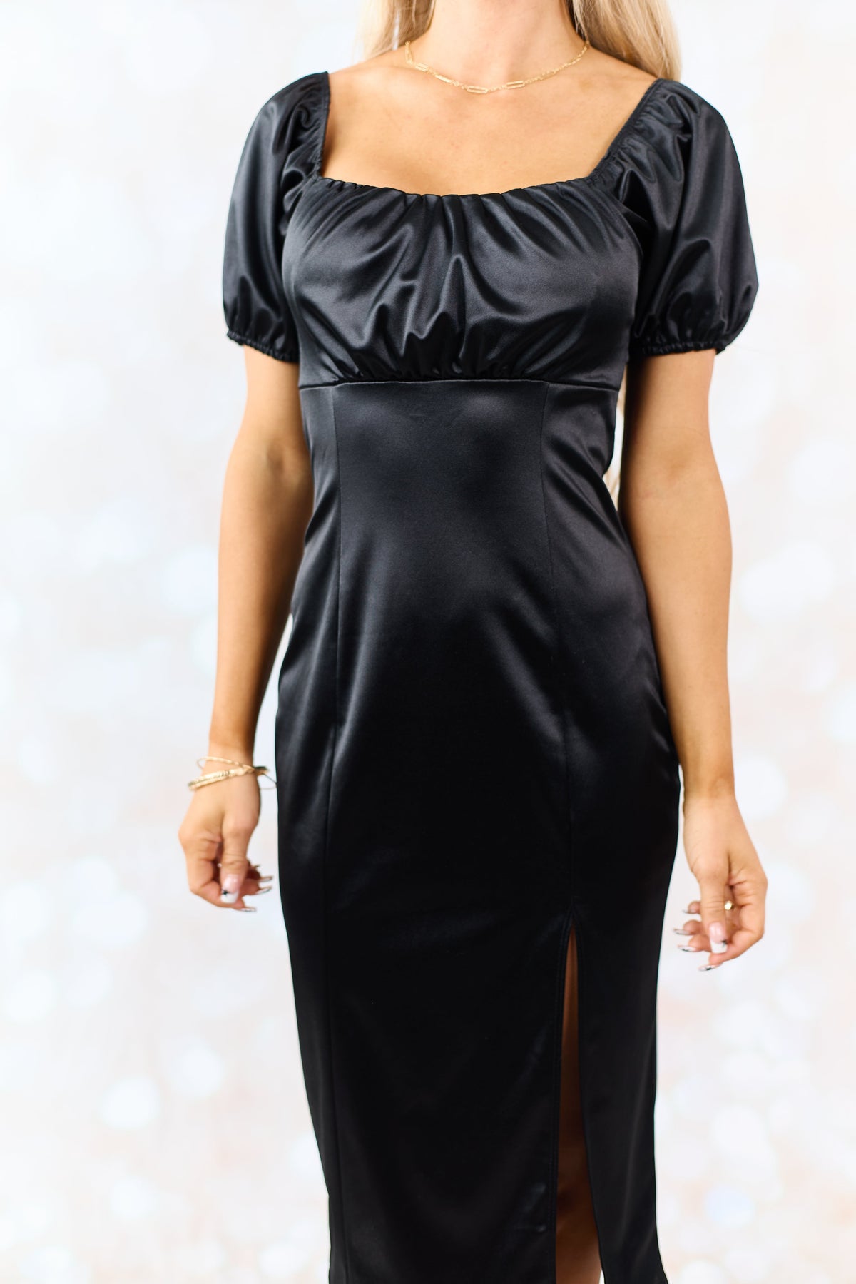 Black Square Neck Puff Sleeve Satin Midi Dress