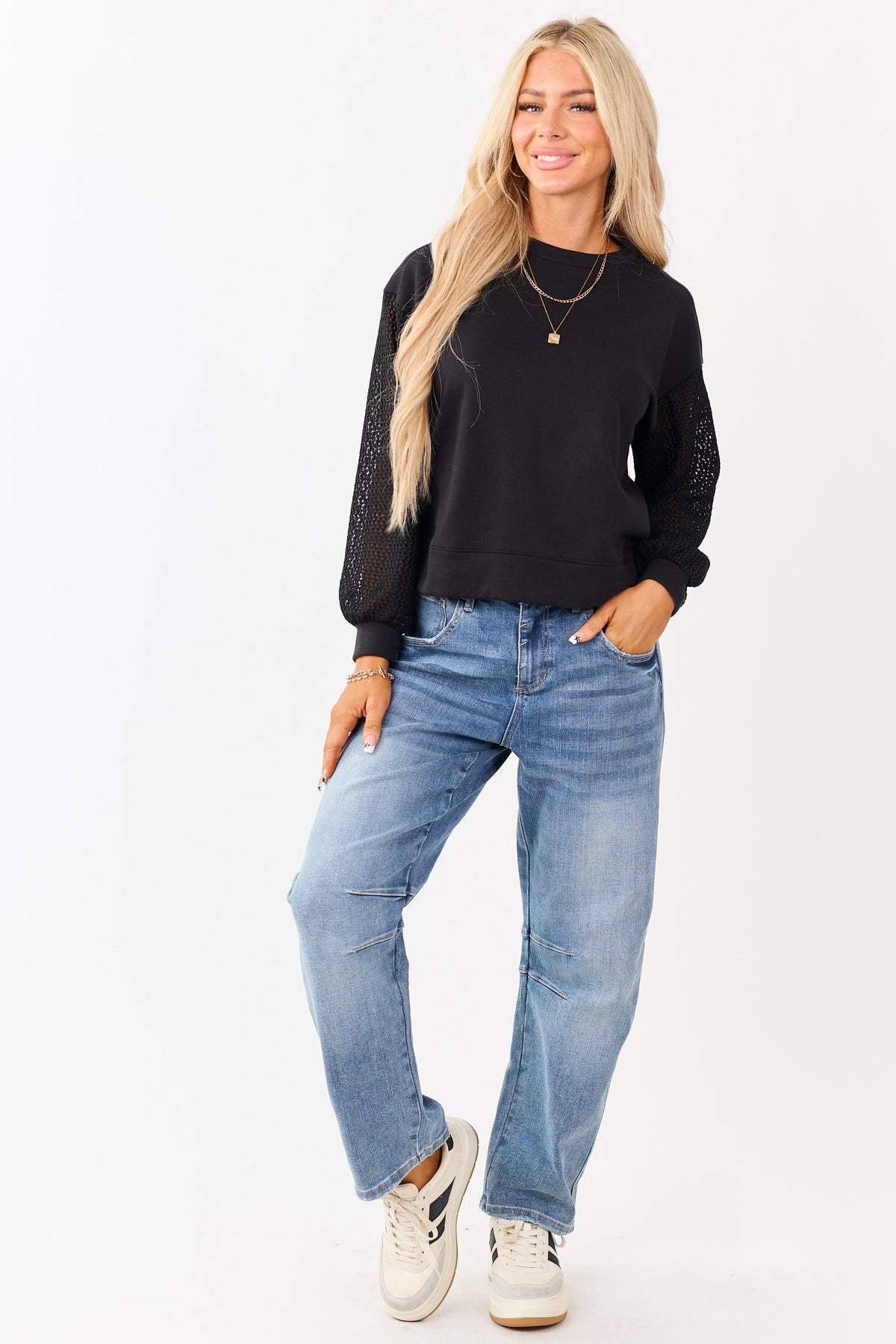 Black Terry Knit Contrast Fishnet Sleeve Sweatshirt