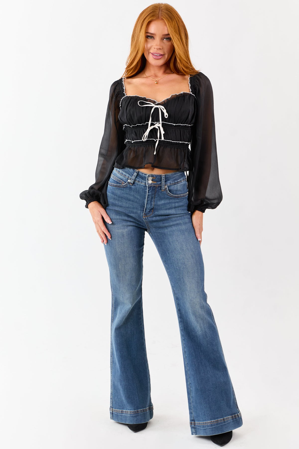 Black Tiered Bow Detail Lettuce Trim Long Sleeve Top