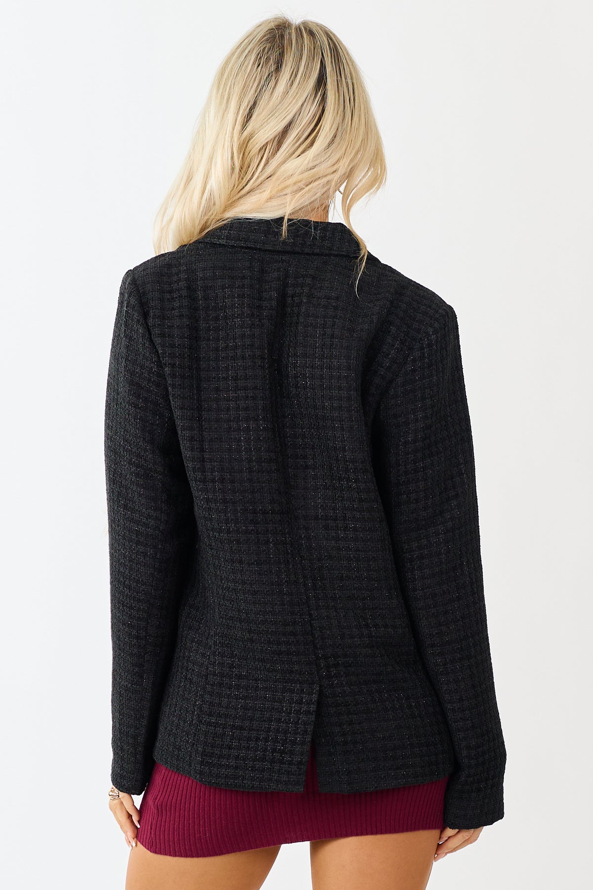 Black Tweed Metallic Threading Button Down Blazer