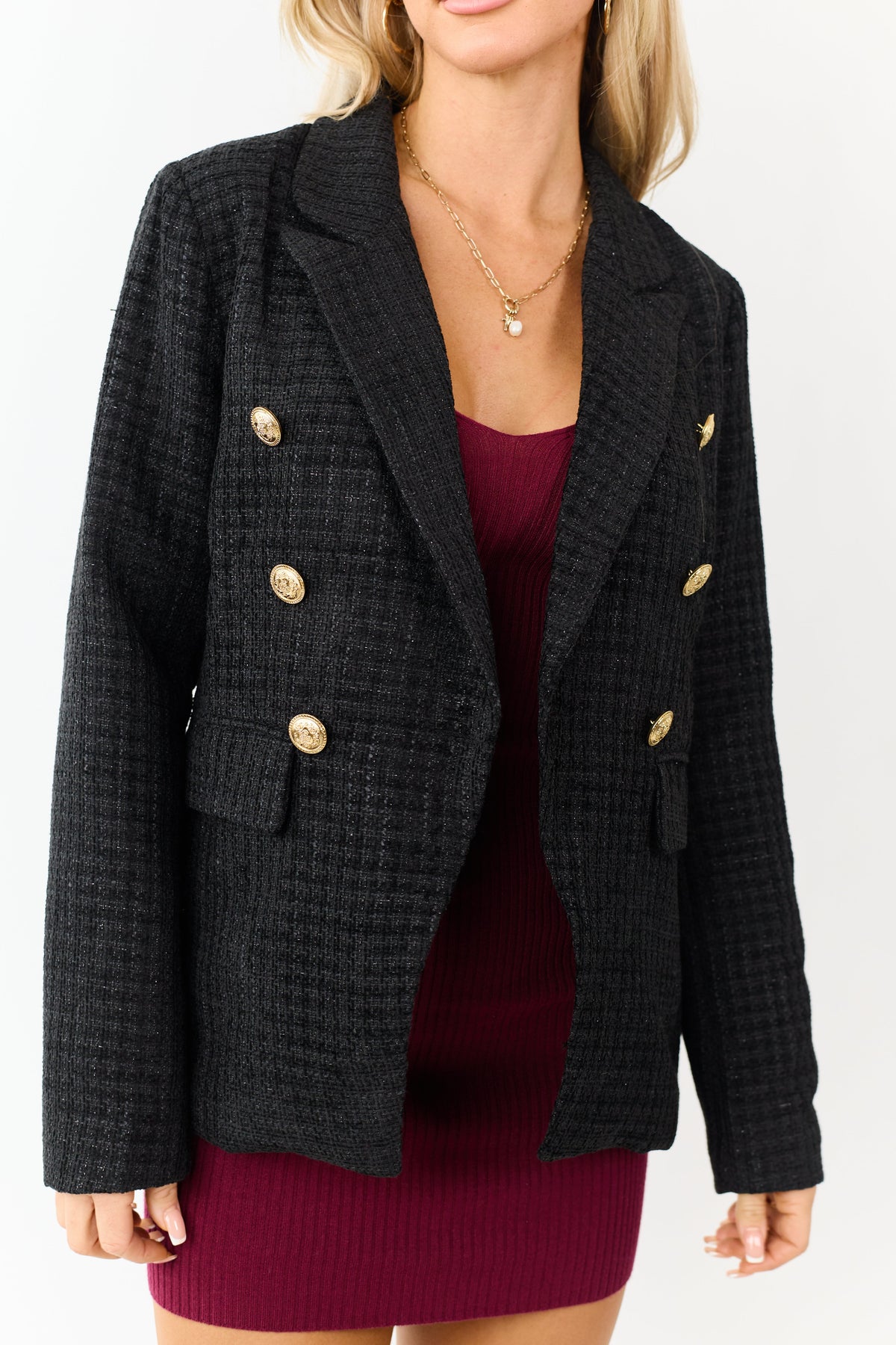 Black Tweed Metallic Threading Button Down Blazer