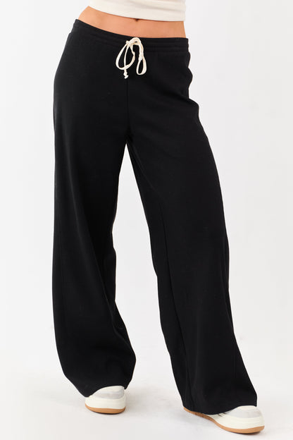 Black Waffle Knit Wide Leg Drawstring Pants