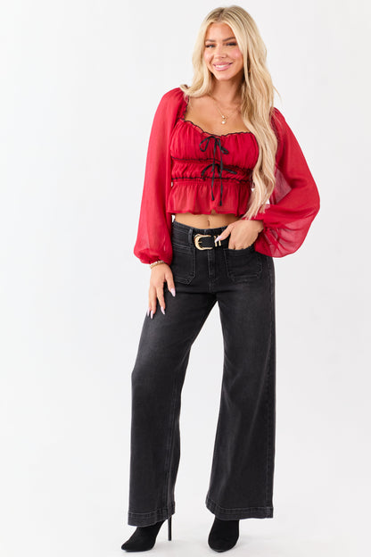 Black Washed Patch Pocket High Rise Wide Leg Jeans