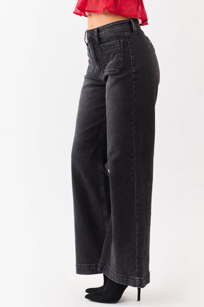 Black Washed Patch Pocket High Rise Wide Leg Jeans