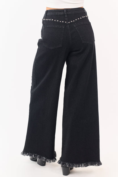 Black Washed Studded Stretchy Wide Leg Jeans
