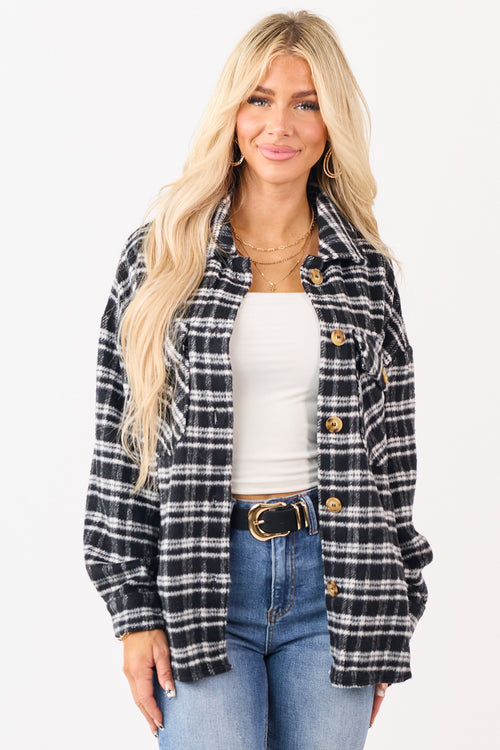 Black and Ivory Plaid Button Down Shacket
