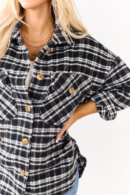 Black and Ivory Plaid Button Down Shacket