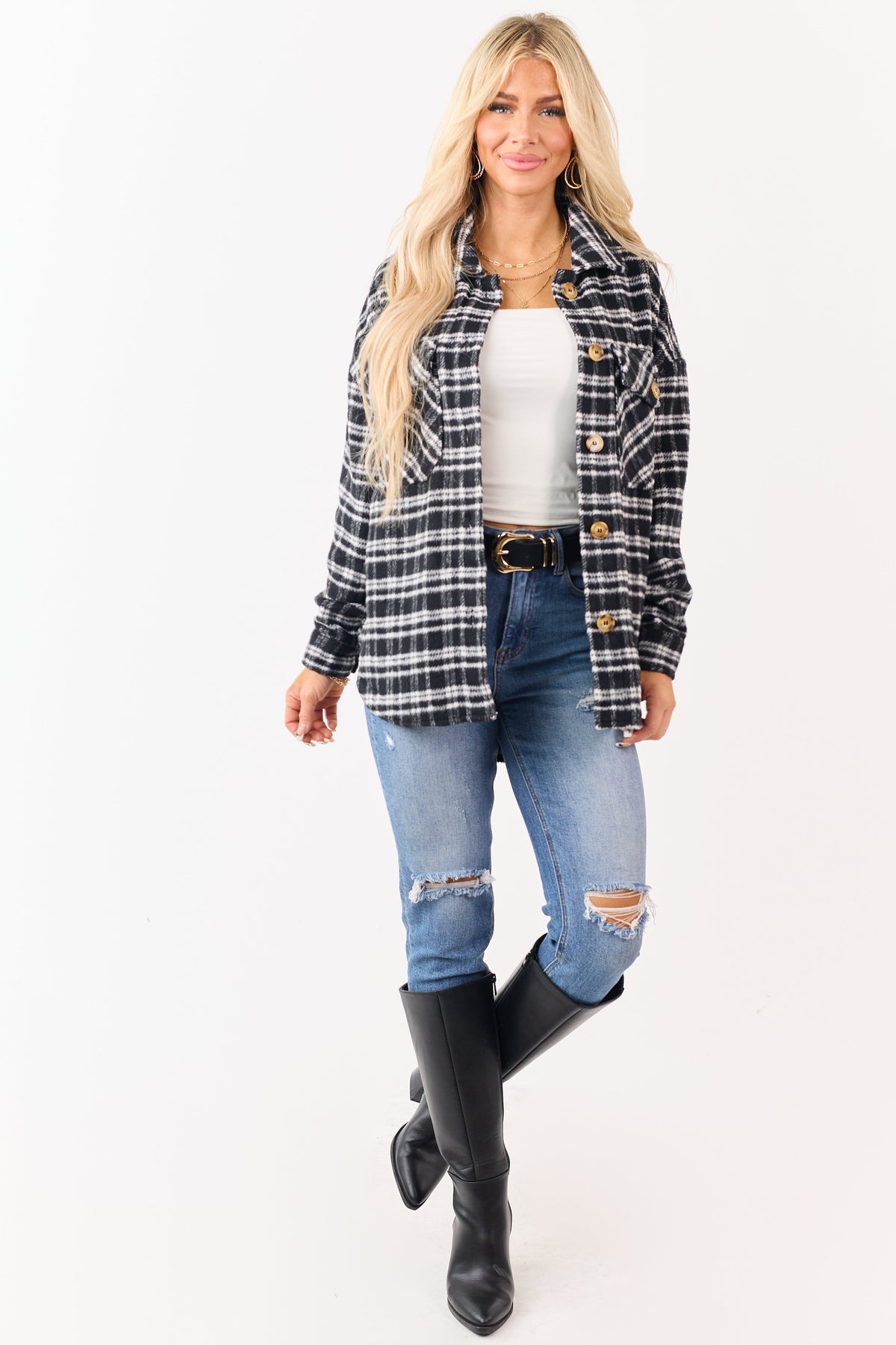 Black and Ivory Plaid Button Down Shacket