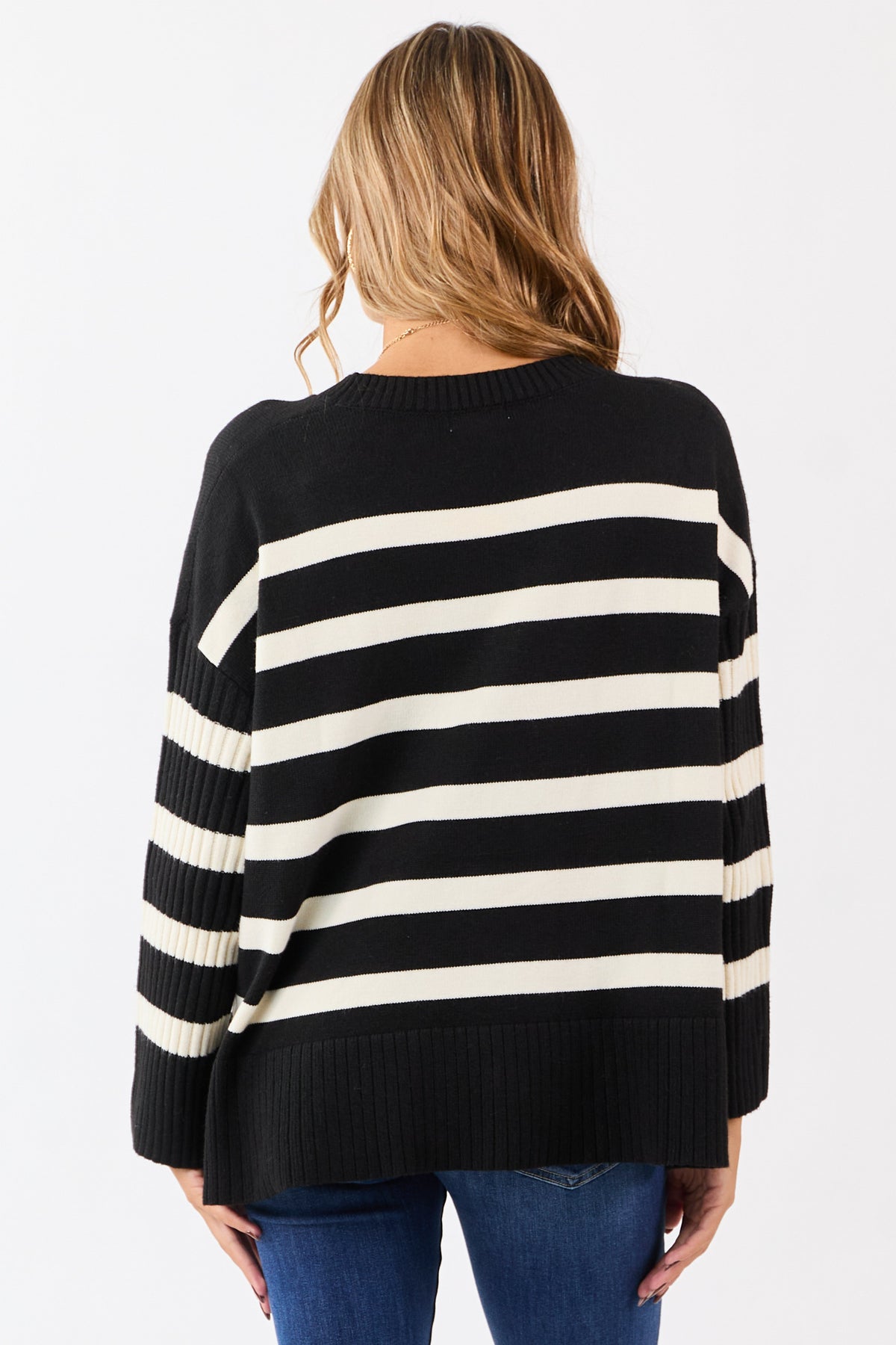 Black and Ivory Striped Ribbed Sleeve Sweater