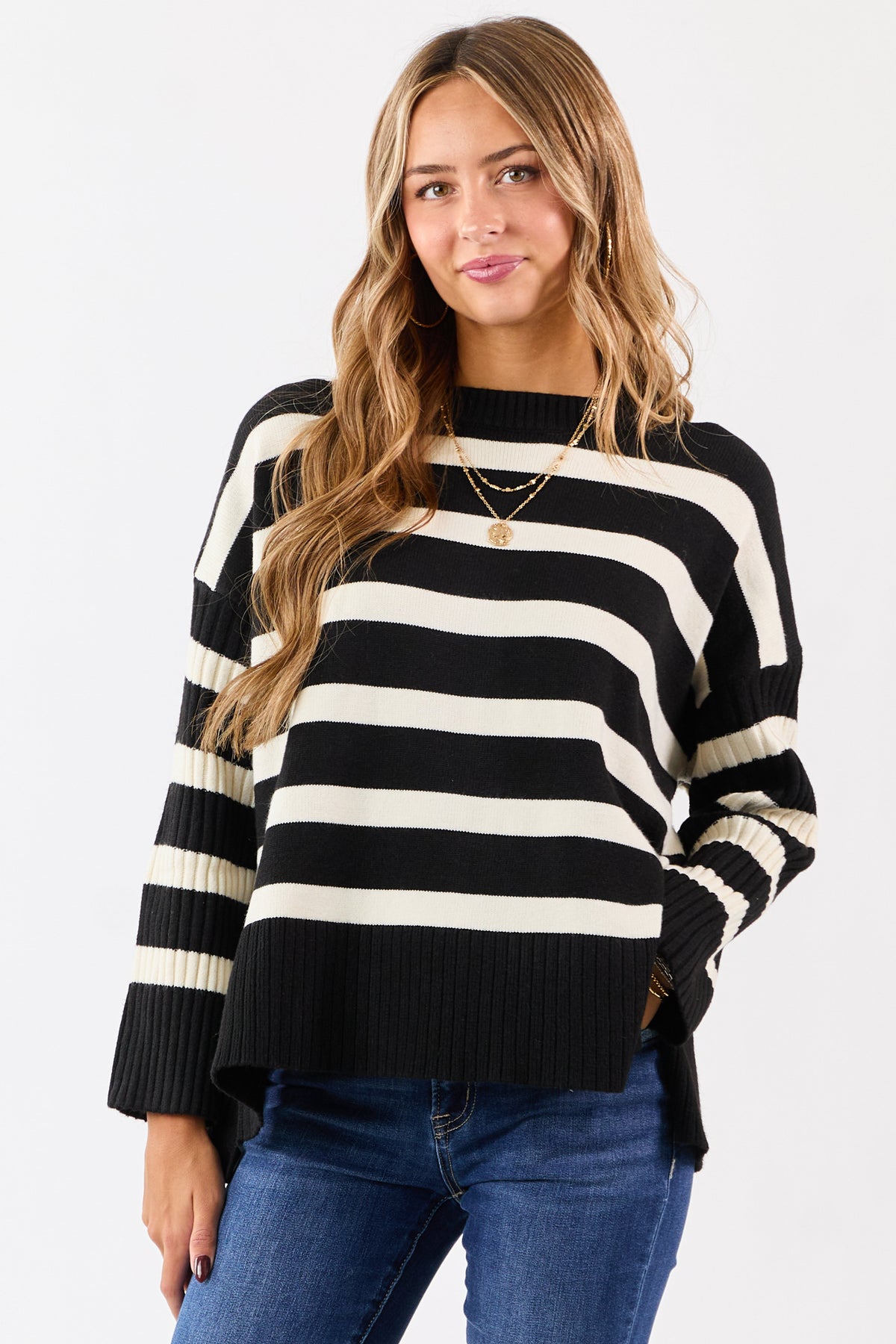 Black and Ivory Striped Ribbed Sleeve Sweater