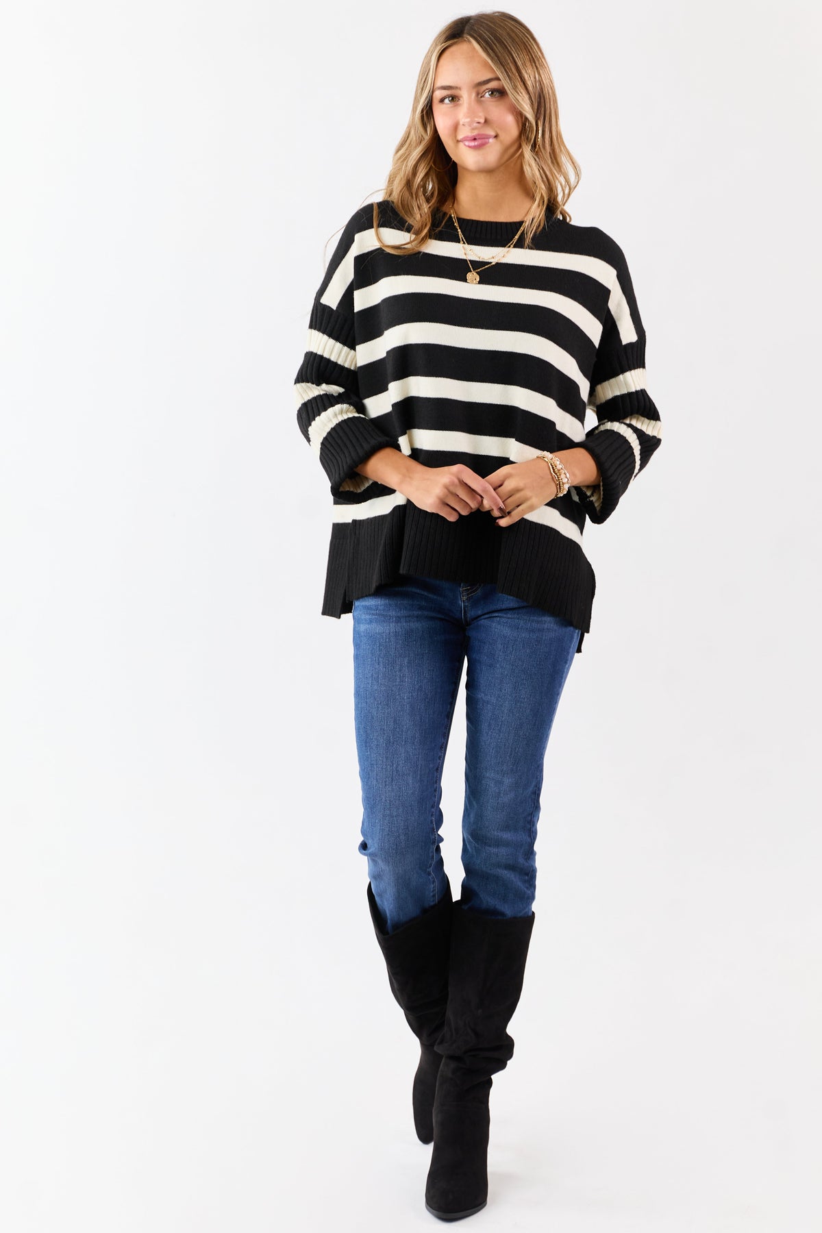 Black and Ivory Striped Ribbed Sleeve Sweater